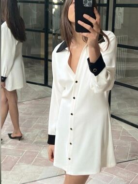 Zara White Mini Shirt Dress with Black Collar & Cuffs